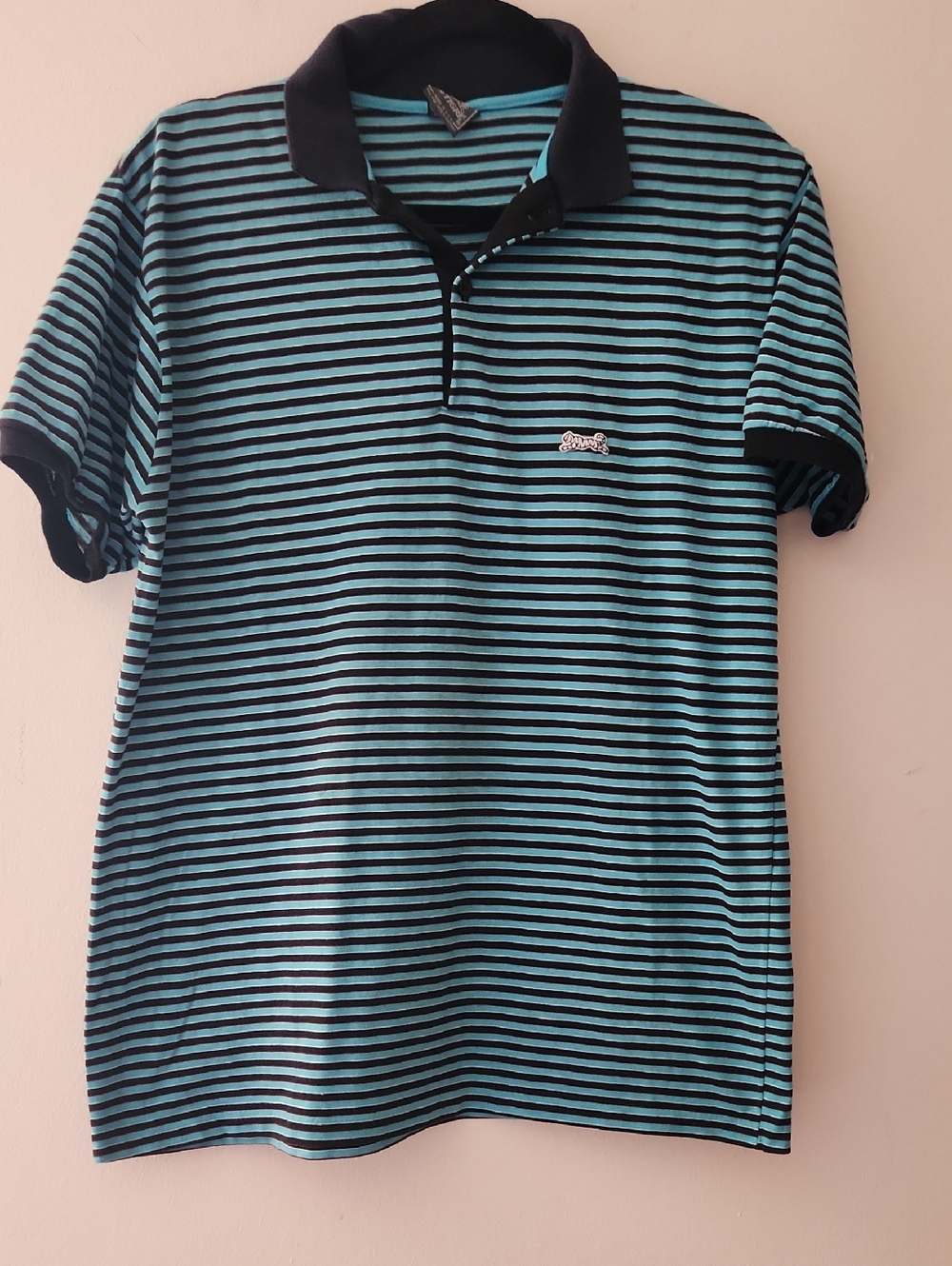 Le Tigre Polo Shirt  in Teal, Black Stripe Cotton Blend Sz L